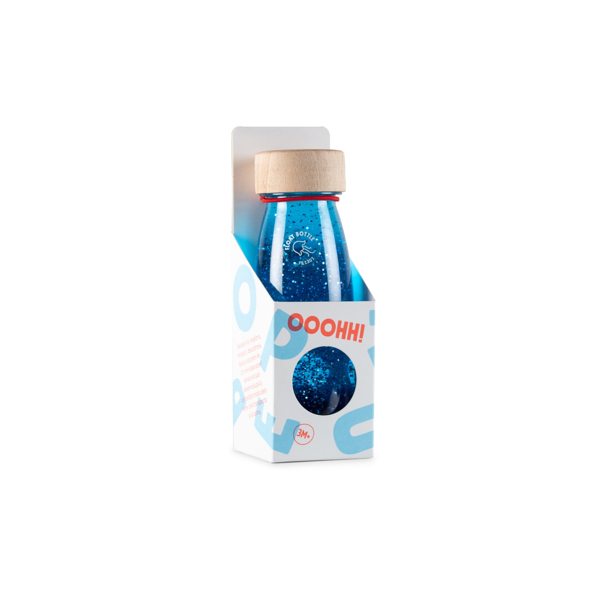 Botella sensorial azul en su envase