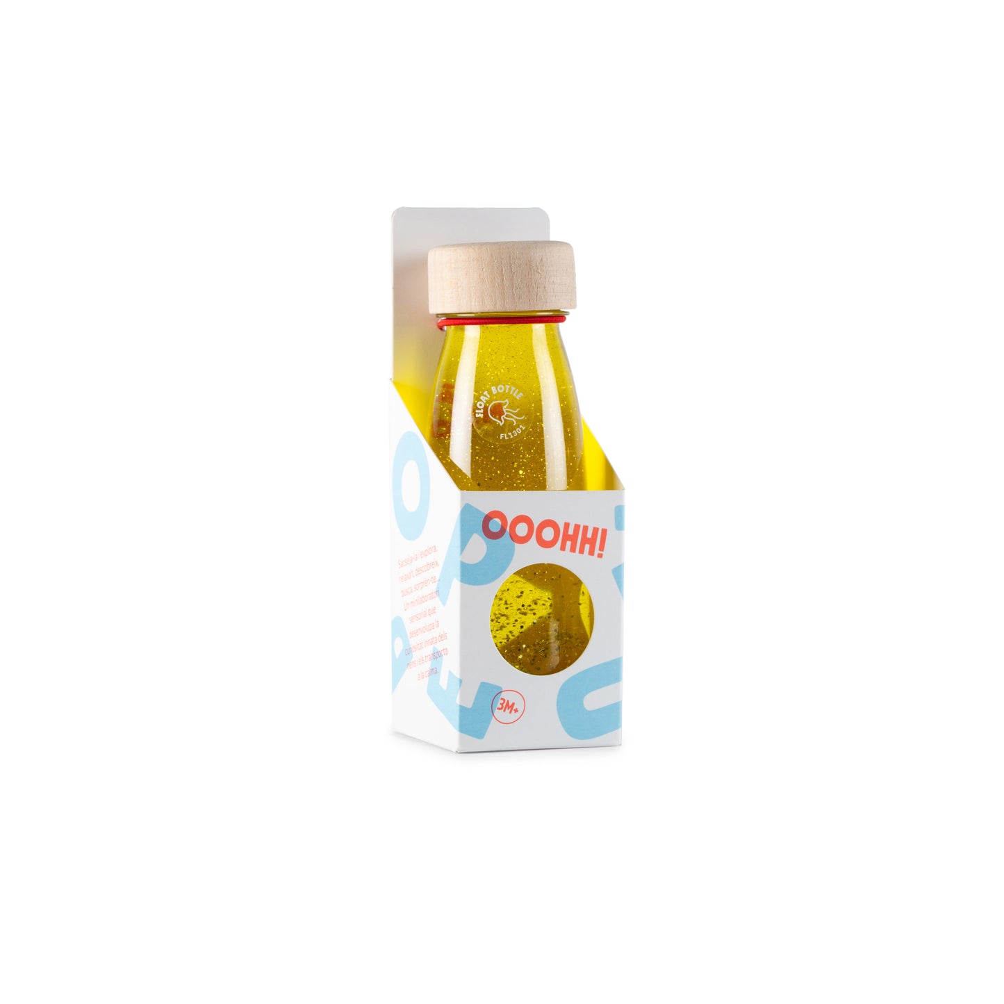 Botella sensorial amarilla en su envase original